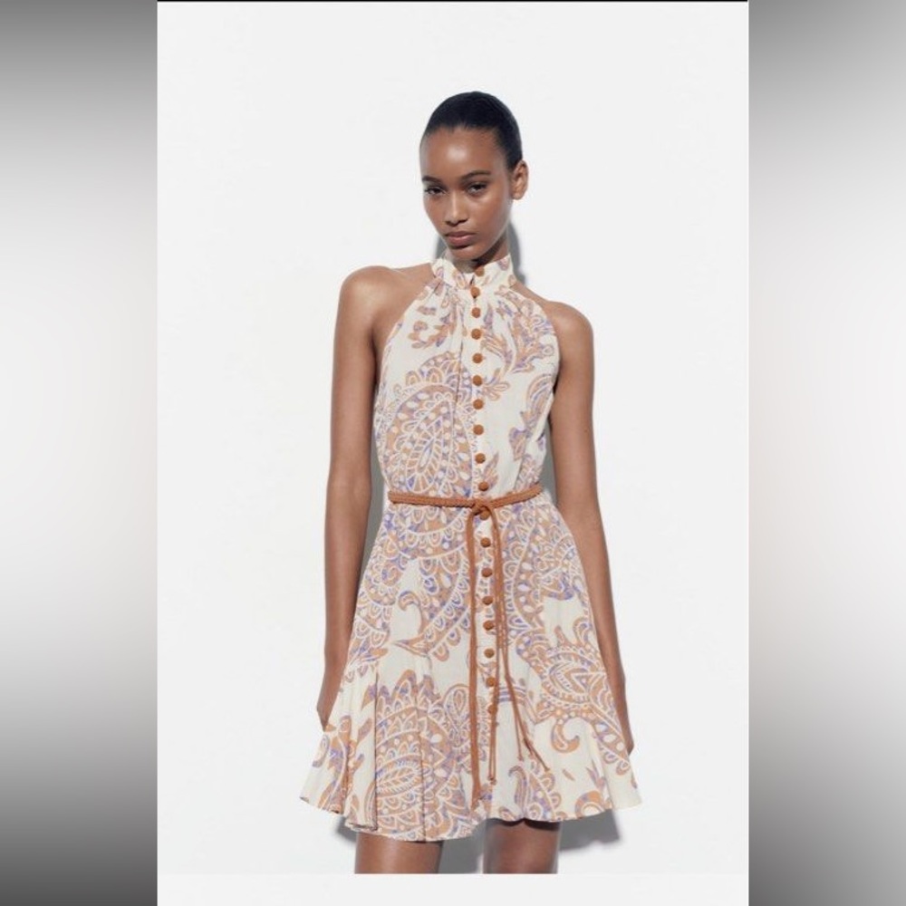 - NWNT ZARA 2023 PRINTED Git Flare Shirt Going Out DRESS WITH BELT SIZE S RARE